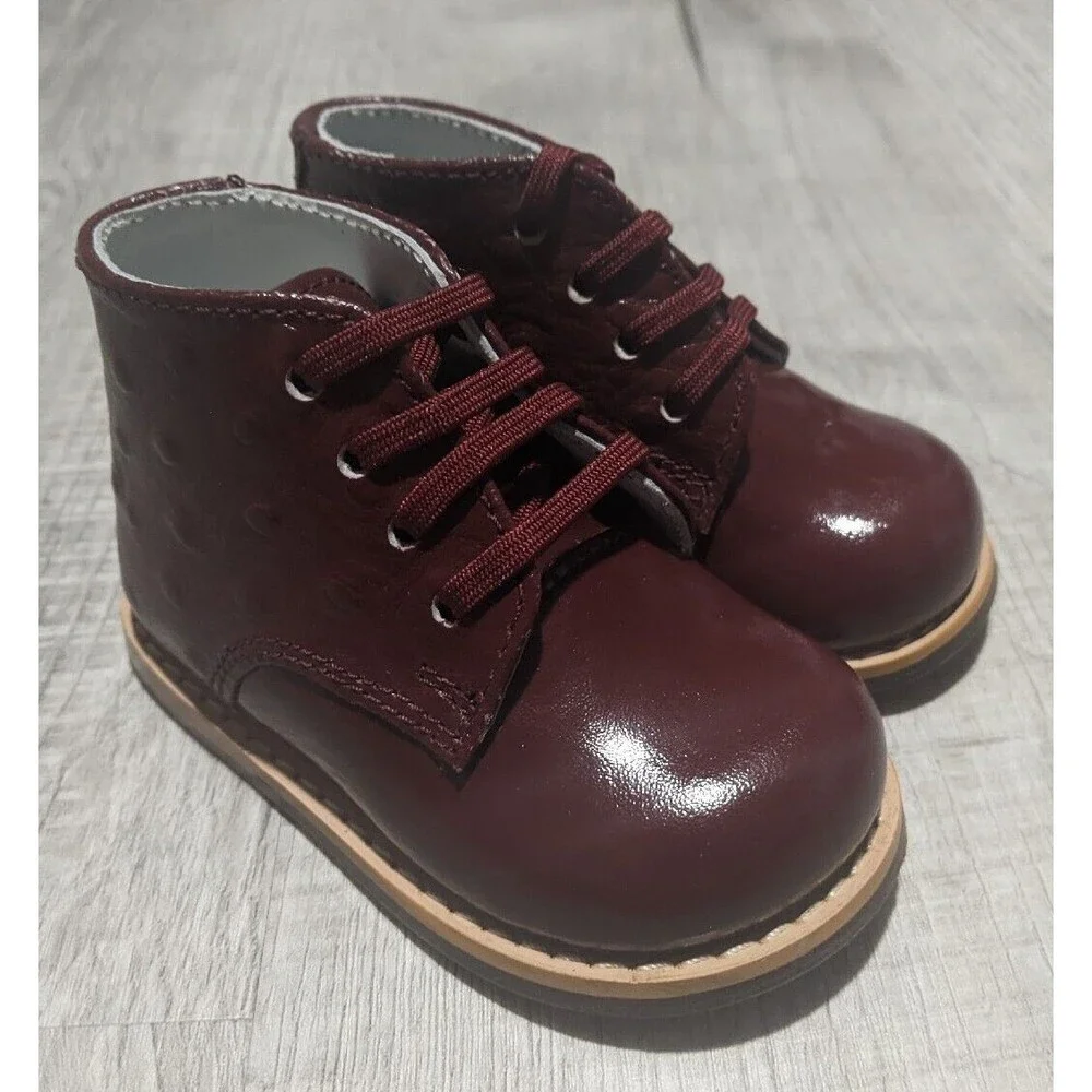 New Josmo Walker Burgundy Patent Ostrich Tie Baby Shoes Sz 3 w/ Box